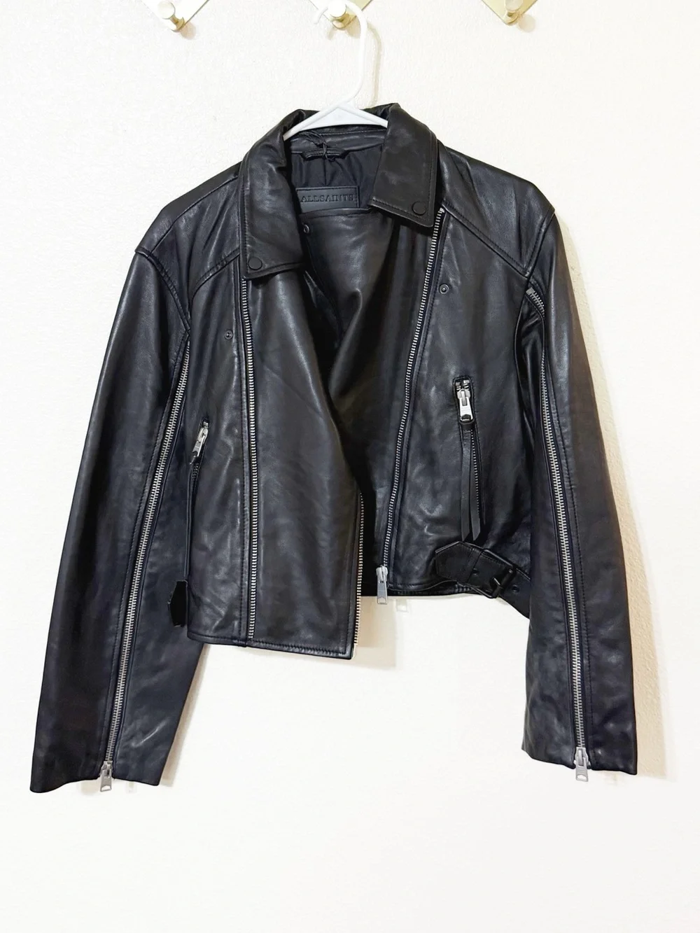 All Saints Masone Leather Zip Open Sleeve Moto Asymmetrical Jacket Medium $649 - Picture 7 of 9